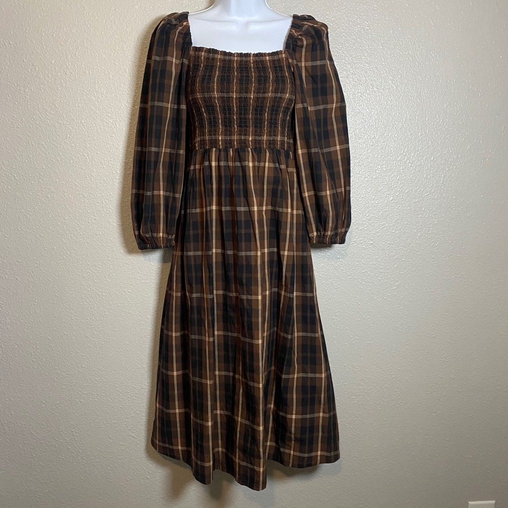 J. Crew Smocked Puff Sleeve Dress Small Plaid Tartan Outlander Cottagecore Brown